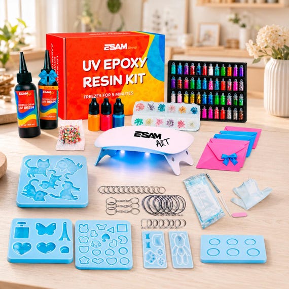 UV Resin Kit for Jewelry Making with UV Lamp, Silicone Molds, Glitter, Pigments, Dried Flowers & Tools, Resin Starter Kit