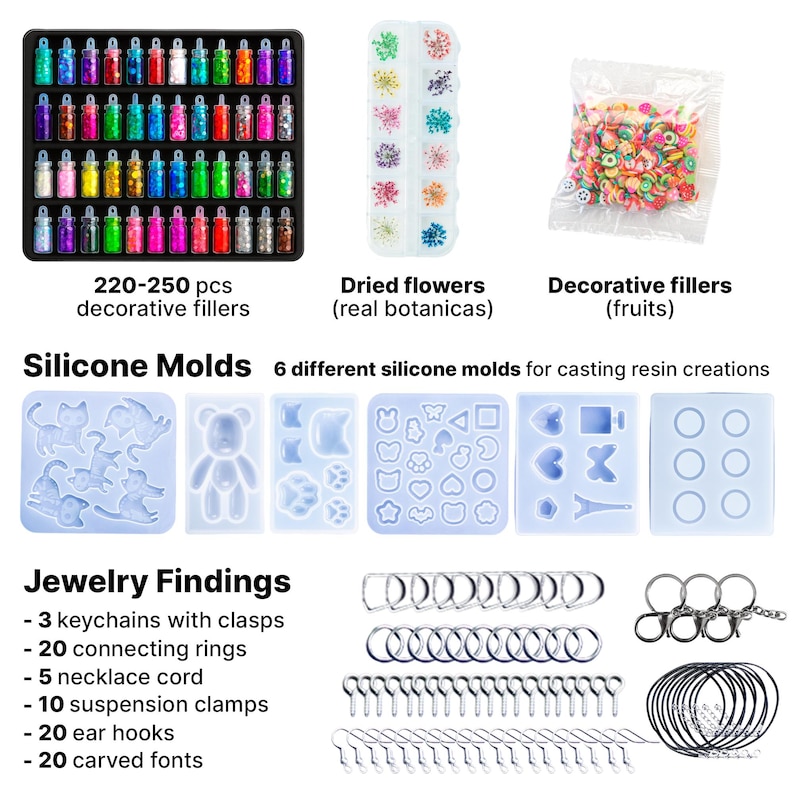 May include: A crafting kit with various supplies for resin art. Includes decorative fillers, dried flowers, silicone molds, and jewelry findings such as keychains, rings, and ear hooks. The kit also contains 220-250 decorative fillers.