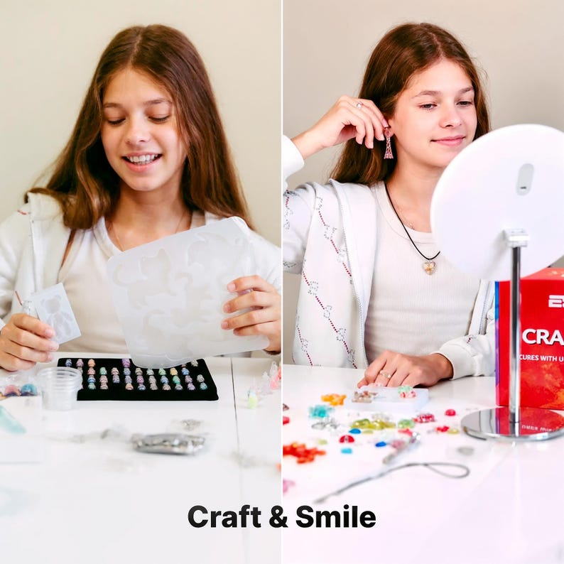 May include: A young person is shown crafting jewelry. The image shows a variety of craft supplies, including molds, beads, and a mirror. The text "Craft & Smile" is at the bottom of the image.