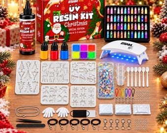 Christmas UV Resin Kit for Kids & Teens, Jewelry Making Craft Set with UV Lamp, 5 Silicone Molds, Glitter, Pigments and Accessories