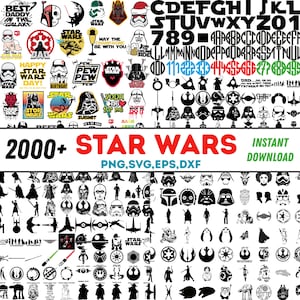 May include: A collection of Star Wars-themed graphics, including character silhouettes, logos, and text elements. The image features various designs, such as Darth Vader, Stormtroopers, and the Star Wars logo, with the text "2000+ STAR WARS" and "INSTANT DOWNLOAD".