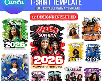 12x Graduate Class of 2026 Template Bundle | Senior T-Shirt Designs | Bootleg Rap Tee 2026 Collection | Grad School Canva Editable Templates