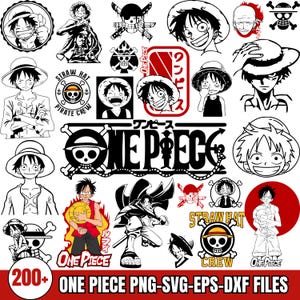 May include: A collection of black and white One Piece character illustrations and logos. The designs include Luffy in various poses, the Straw Hat Pirates logo, and the One Piece logo. The image also includes the text "200+ ONE PIECE PNG-SVG-EPS-DXF FILES".