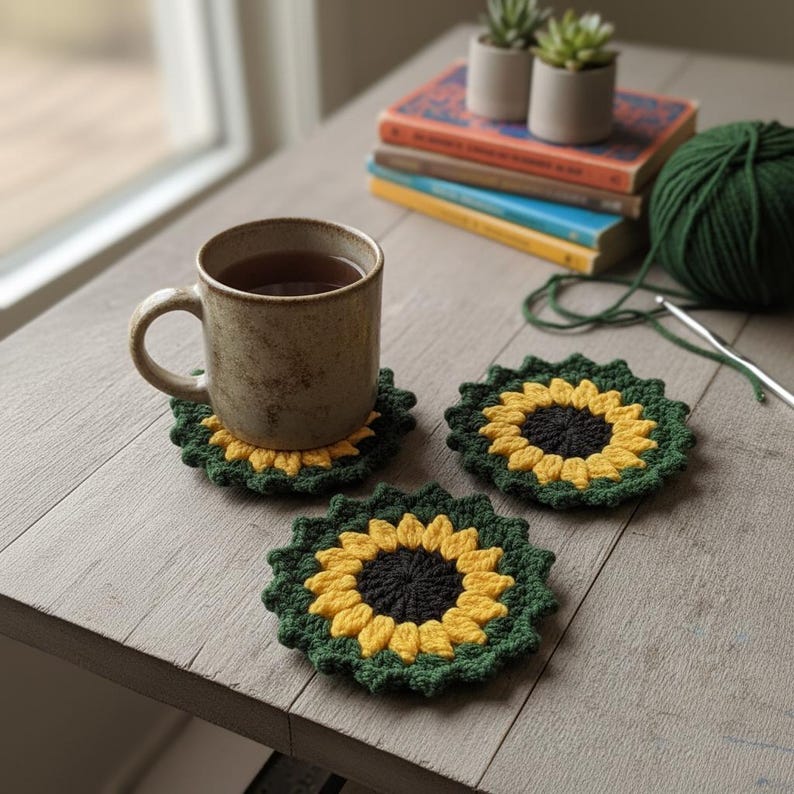 Sunflower Coaster Crochet Pattern, Sunflower Crochet Coaster Pattern ...