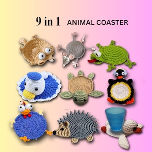 May include: Nine handmade crochet animal coasters in various designs, including a duck, frog, and hedgehog. The coasters are in shades of brown, green, blue, and gray. The text "9 in 1 ANIMAL COASTER" is displayed at the top.