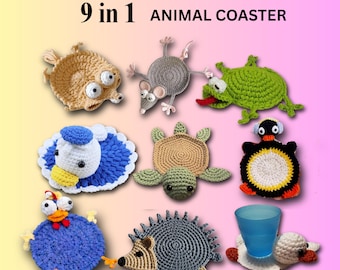 Animal Coaster Crochet Pattern Bundle, 9-in-1 Amigurumi, Animals Cup Holder,Squirrel Frog (PDF Pattern) Coaster Crocheting