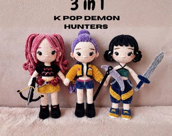 Patrón de crochet de cazadores de demonios de Kpop - KPOP, muñecas de crochet de grupos femeninos, muñeca de crochet de cazadores de demonios de KPOP Rumi, Mira y Zoey en PDF, descarga digital