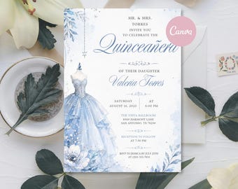 May include: A white Quinceañera invitation card featuring a blue watercolor ballgown illustration, floral accents, and text detailing the event for Valeria Torres on August 16, 2025, at The Vista Ballroom in San Antonio, Texas, with RSVP information.