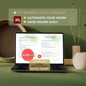 Może przedstawiać: Laptop wyświetlający ramy podejmowania decyzji AI z tekstem "AI Workflows Toolkit". Ekran pokazuje grafikę "Bundle" i słowa "25 Pages, Cornell Digital Notebook, Notes Taking". Laptop znajduje się na zielonej powierzchni.