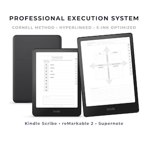 Puede incluir: Tres lectores electrónicos negros con pantallas blancas que muestran diseños organizativos. El texto en la parte superior dice "PROFESSIONAL EXECUTION SYSTEM". El texto inferior dice "Kindle Scribe • reMarkable 2 • Supernote".