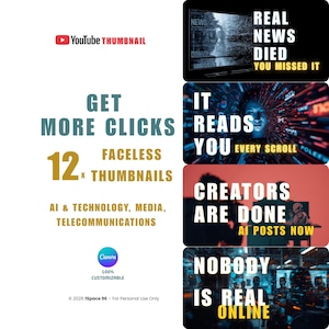 YouTube Thumbnail Pack, Content Creator, AI Technology Media Telecommunications, Faceless, Canva Templates