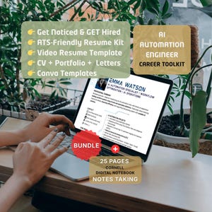 May include: A laptop displaying a resume template with the name "Emma Watson" and the title "AI Automation Specialist." The image includes text that says "Get Noticed & GET Hired" and "Career Toolkit."