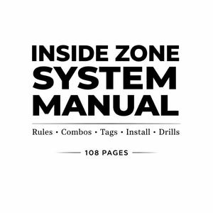 May include: A white background with the text "INSIDE ZONE SYSTEM MANUAL" in bold black letters. Below, smaller text lists "Rules • Combos • Tags • Install • Drills." The manual is 108 pages.