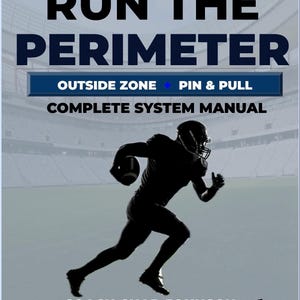 May include: A digital manual titled GAMEDAY SYSTEMS RUN THE PERIMETER OUTSIDE ZONE + PIN & PULL COMPLETE SYSTEM MANUAL by Coach Chad Johnson. The cover features a black silhouette of a football player running with a ball on a stadium background.