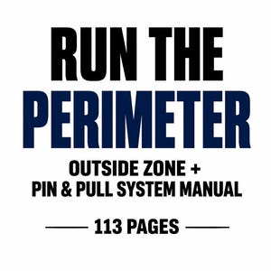 May include: A white background with the text "RUN THE PERIMETER" in black and blue. Below, it reads "OUTSIDE ZONE + PIN & PULL SYSTEM MANUAL" and "113 PAGES". The text is centered and in a bold, sans-serif font.
