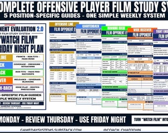 Football Film Study Worksheets | Player Opponent Evaluation System | O Line -  QB - RB WR - Tight End | Printable format