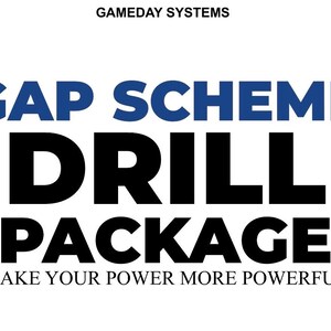 May include: A white background with the text "GAMEDAY SYSTEMS" at the top. Below, the words "GAP SCHEME" are in blue, followed by "DRILL PACKAGE" in black. The phrase "MAKE YOUR POWER MORE POWERFUL" is at the bottom.