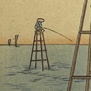 May include: Japanese woodblock print depicting a fisherman on a tall wooden platform in the water, fishing with a long pole. The print features muted blues, greens, and browns, with a second platform in the distance.