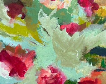 Original Abstract Floral Gallery Wall Mint Sage Lime Teal Green Magenta Pink Red Rose Susan Skelley Art 24 X 12 Vertical SOUTHERN CONVERSION