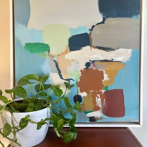 Abstract Art Original Landscape Painting Gallery Wall Navy Turquoise Blue Green Susan Skelley Art 20 X 20 Square Sale "RED LIGHT ANIMALS"