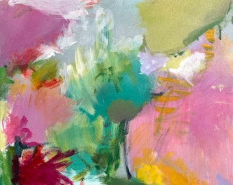 Abstract Floral Original Art Gallery Wall Colorful Pink Magenta Lime Green Yellow Susan Skelley Art 20 X 16 Vertical "SCREAMING BOUQUETS"