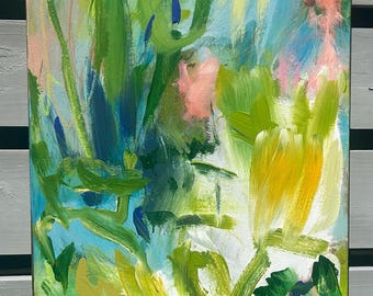 Abstract Floral Art Original Painting Expressive Navy Turquoise Emerald Lime Pink Yellow Susan Skelley Art 40 X 16 Vertical "YUKON WINE"