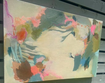 Abstract Art Original Painting Focal Point Art Neon Pink Red Tangerine Olive Green Susan Skelley Art 30 X 48 Horizontal "WATER TOWER LOVE"