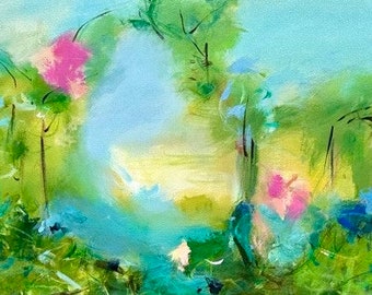 Abstract Landscape Original Art Turquoise Navy Blue Green Pink Susan Skelley Art 24x48 Horizontal BACK PORCH THERAPY