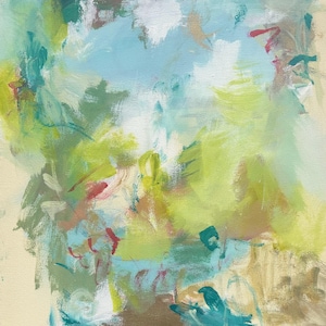 May include: Abstract painting with a mix of green, blue, and white paint. The colors are blended together to create a soft, dreamy effect.