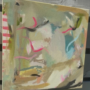 May include: Abstract painting on canvas with a palette of soft greens, beige, and touches of pink and blue. The artwork features dynamic brushstrokes and shapes, creating a sense of movement and depth. A vertical section on the left has a striped pattern.