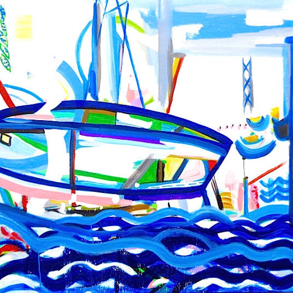 Reserved For Mary Painting Nautical Boat 48 X 48 Square Extra Large Susan Skelley Free Shipping Cobalt Blue Red Water COAST IS CLEAR