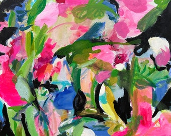 Abstract Floral Original Painting Gallery Wall Hot Pink Black Green Yellow Cobalt Blue Susan Skelley Art 24 X 20 Vertical TAMBORINE GIRL