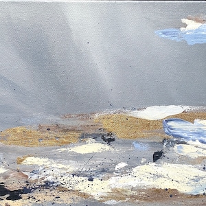 May include: Abstract painting with a gray background, white and gold accents, and blue and white brushstrokes. The painting has a textured look and a modern style.