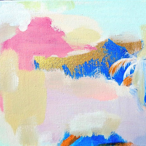 Half Price Sale Abstract Original Painting Art Home Decor 8 X 10 Small Susan Skelley Free Domestic Shipping Pink Blue Gold MIAMI VICE