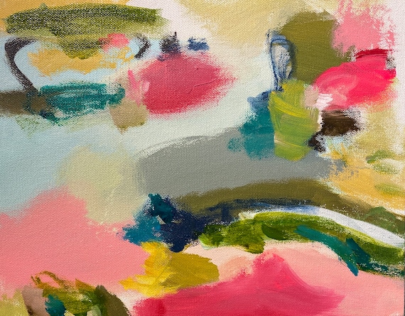 Abstract Art Original Landscape Painting Gallery Wall Pink Magenta Blue Susan Skelley Art 11 X 14 Horizontal SALE "DRUNKEN BABBLE"