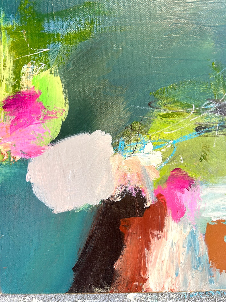 Original Abstract Art Intuitive Painting Mixed Media Emerald Gold Teal Green Pink Blue Susan Skelley Art 11 X 14 Horizontal NAKED BACON image 3