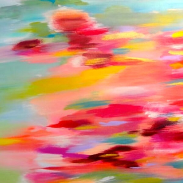 Colorful Original Abstract Art Painting Cheerful Pink Yellow 24 X 36 Coral Blue Green Turquoise Pale Pink Hot Pink Sweet "HOT SOUTHERN MESS"