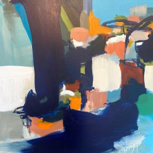 May include: Abstract painting with a square format. The artwork features a mix of colors, including navy blue, white, orange, and green. The composition has a modern feel, with bold brushstrokes and a textured appearance.