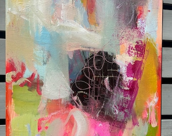 Abstract Art Original Painting Neon Pink Green Orange Hot Pink Light Blue Yellow Ochre Magenta Susan Skelley Art 36 X 24 Vertical GIRL GRIT