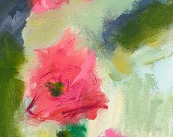 Abstract Floral Original Painting on Canvas Gallery WallLime  Green Pink Red Blue Susan Skelley Art 36 X 12 Vertical Flaming Hot Mess