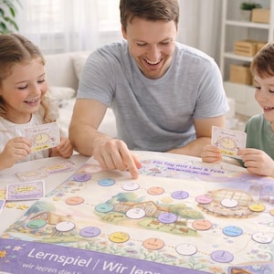 May include: A family plays a board game with colourful game pieces and cards. The game board features illustrations of houses and circles. The text on the board reads "Lernspiel | Wir lernen die Uhr".