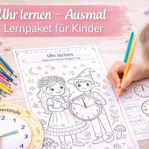 Könnte beinhalten: Ein Lernpaket für Kinder zum Thema Uhrzeit. Das Set enthält Ausmalbilder mit Uhrenillustrationen, eine Uhr und Buntstifte. Der Text auf dem Bild lautet "Uhr lernen - Ausmal Lernpaket für Kinder."