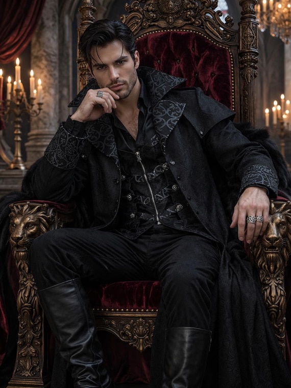 Gothic Vampire Coat Men, Black Victorian Cosplay Jacket, Dark Prince Costume, Medieval Aristocrat Outfit, Halloween Luxury Cloak