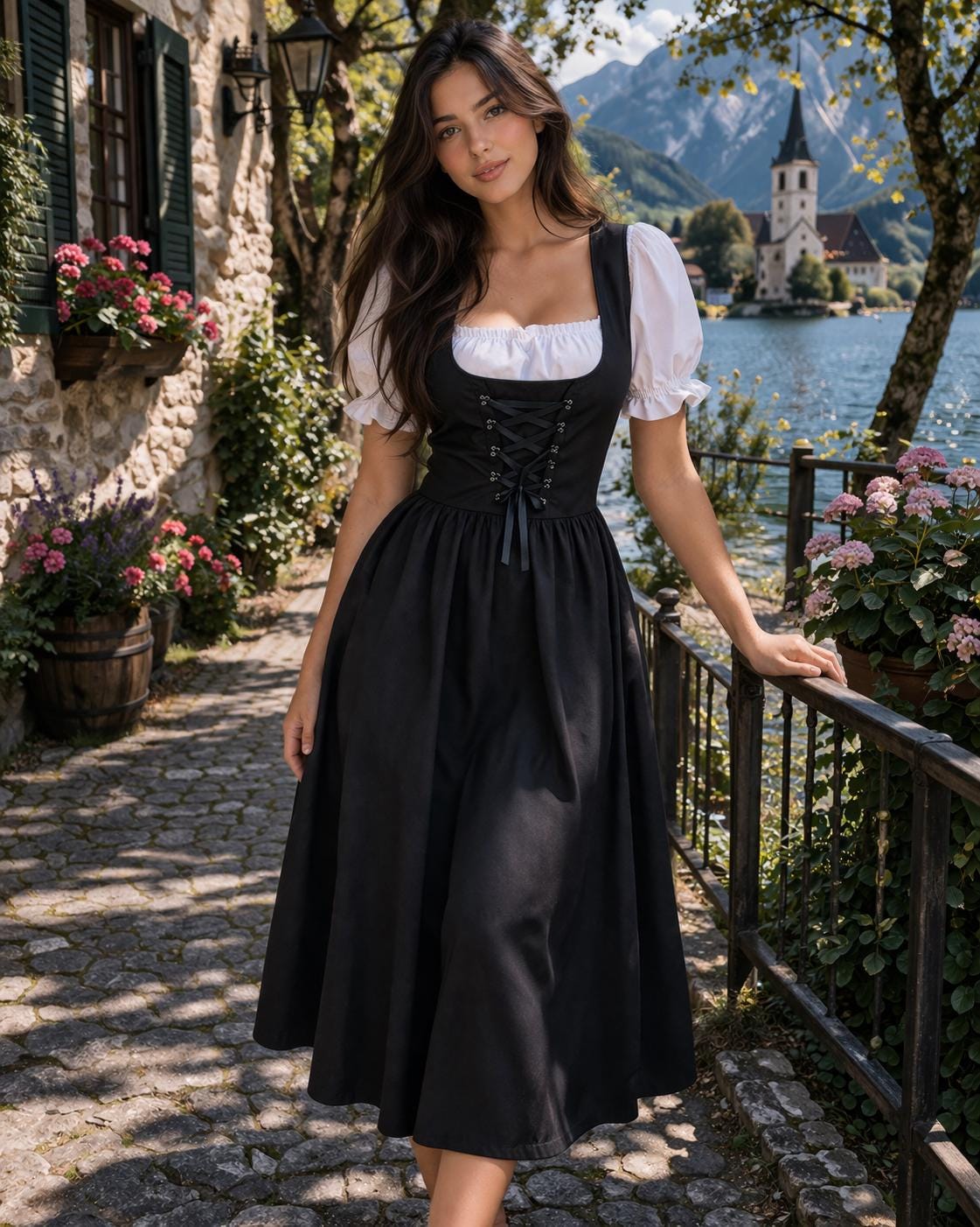 alpine dress with close fitting bodice Lake Como Fitted Bodice Cami Strap Midi Dress Cherry main image 1