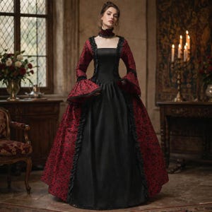 open lace back dress Victorian Vampire Gothic Red/Black Velvet Gown Medium