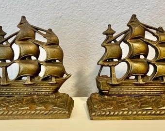 Vintage Victory 1400 Cast Iron Sailing Ship Bookends – Nautical Decor – Pair
