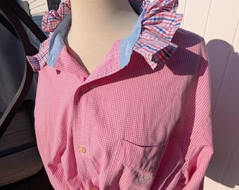 Upcycled Men's Chaps by Ralph Lauren Pink Gingham Oxford with Ruffled Collar