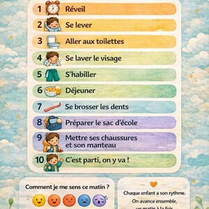 Tabella della routine mattutina e delle emozioni dei bambini (PDF stampabile) per bambini dai 3 ai 10 anni, strumento visivo per i genitori, Smart Mom