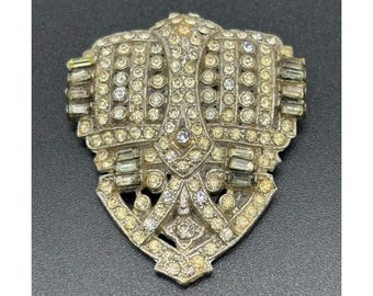 Vintage Large Dress Clip Pot Metal Silver-Tone Rhinestones Unsigned, 2" x 1-3/4"
