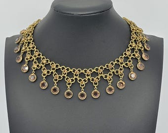 Vintage Etruscan Revival Gold-Tone and Crystal Necklace in the Style of Goldette